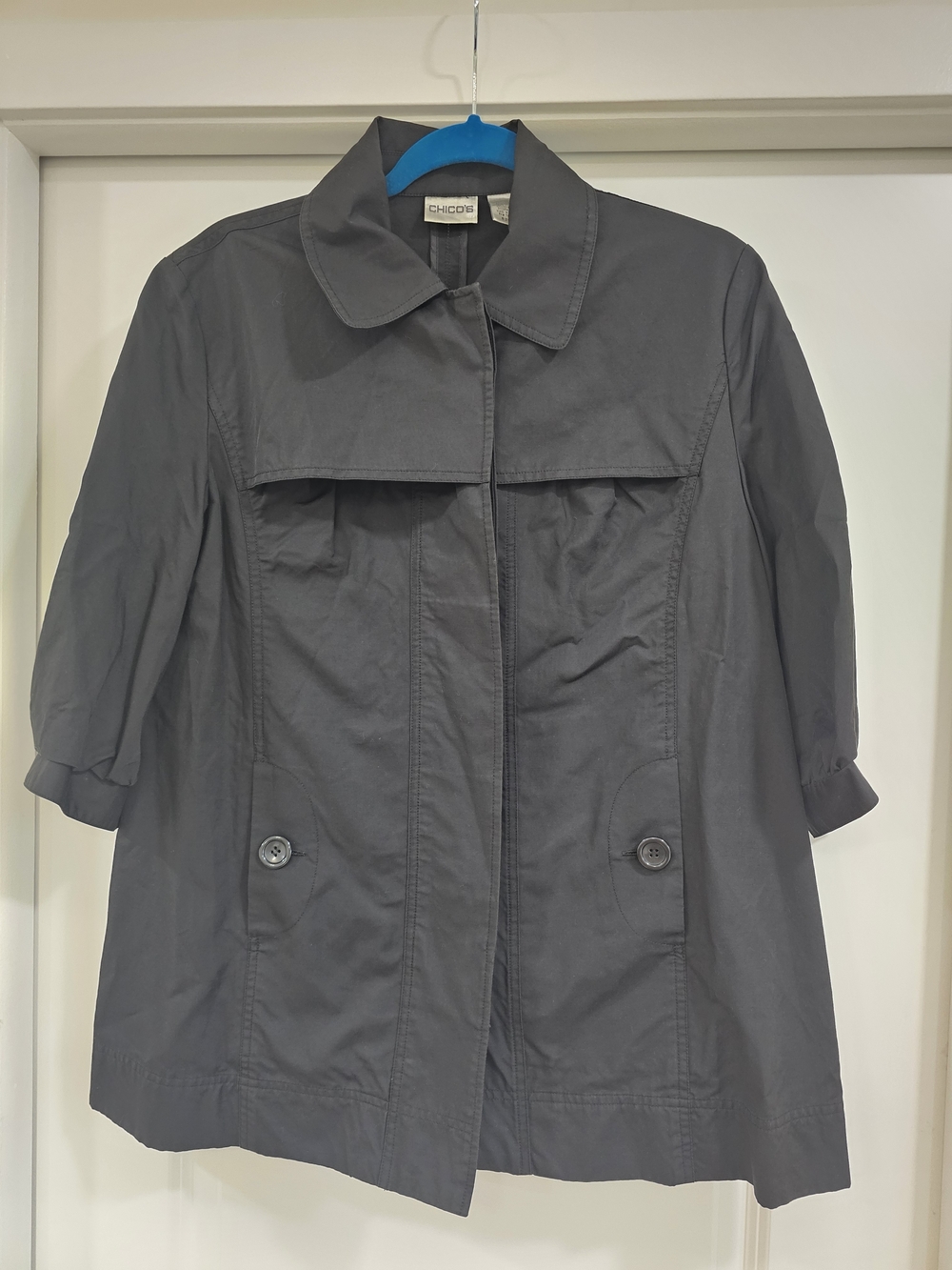 Chico's Black Button Front Collared Jacket Women's Size 1 (US M)  3/4 Sleeve
